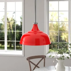 Mackenzie 10.75" Wide Pendant With Metal Shade In Poppy Red/Polished Nickel/Poppy Red -office furniture sale 8283d42670c2cd55d9ba092739cc918bce