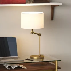 Lucas Height-Adjustable Table Lamp With Fabric Shade In Brushed Brass/White -office furniture sale 837e29add7115f4a72bec3ec52386a6cab