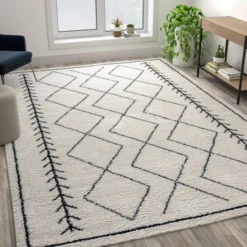 Roxy Geometric Style Bohemian Shag Area Rug - 8' X 10' - Ivory