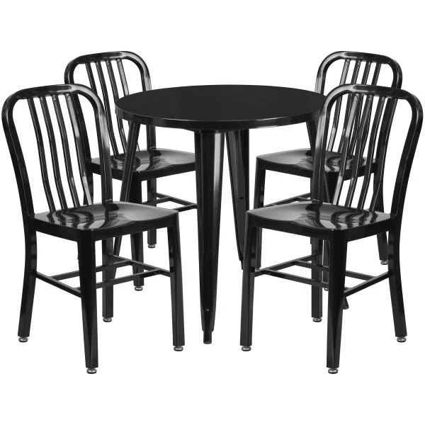 Chad Commercial Grade 30" Round Black Metal Indoor-Outdoor Table Set With 4 Vertical Slat Back Chairs 2 Chad Commercial Grade 30" Round Black Metal Indoor-Outdoor Table Set With 4 Vertical Slat Back Chairs - Image 2