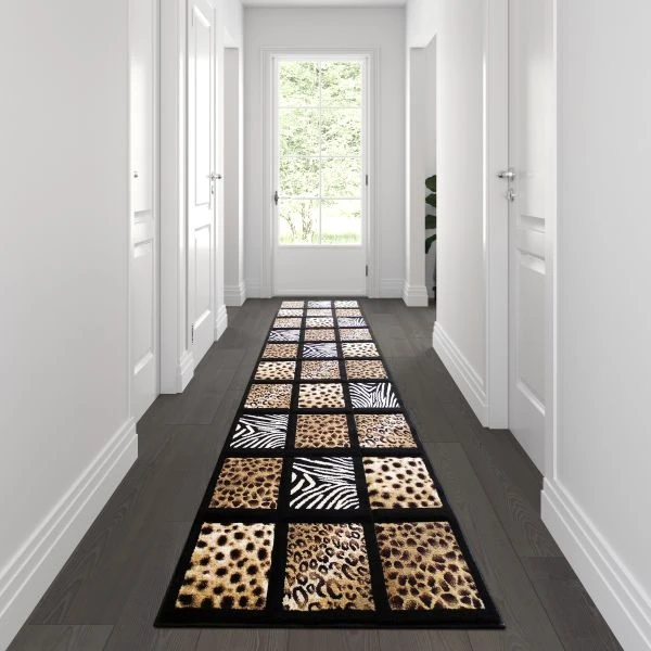 Menagerie Collection 3' X 7' Modern Animal Print Olefin Area Rug With Cheetah, Leopard, Zebra And Giraffe Design Raised Squares 1 Menagerie Collection 3' X 7' Modern Animal Print Olefin Area Rug With Cheetah, Leopard, Zebra And Giraffe Design Raised Squares