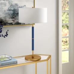 Simone 25" Tall 2-Light Table Lamp With Fabric Shade In Blue/Brass/White -office furniture sale 853abf83241925e006a0e2f30ca0234923