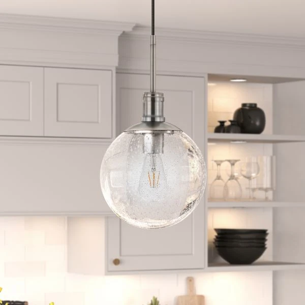 Walker 9" Wide Pendant With Glass Shade In Brushed Nickel /Seeded 3 Walker 9" Wide Pendant With Glass Shade In Brushed Nickel /Seeded - Image 3