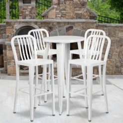 Flash Furniture 24'' Round White Metal Indoor-Outdoor Bar Table Set With 4 Vertical Slat Back Barstools