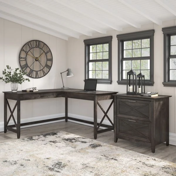 Bush Furniture Key West 60W L Shaped Desk With 2 Drawer Lateral File Cabinet In Dark Gray Hickory 7 Bush Furniture Key West 60W L Shaped Desk With 2 Drawer Lateral File Cabinet In Dark Gray Hickory - Image 7