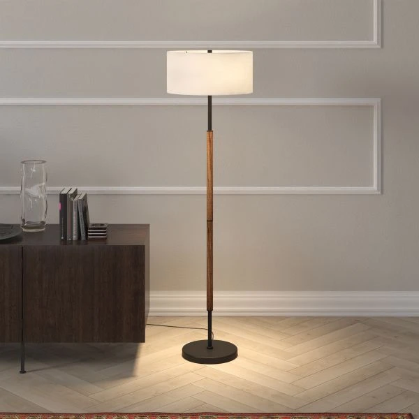 Simone 2-Light Floor Lamp With Fabric Shade In Blackened Bronze/Rustic Oak/White 3 Simone 2-Light Floor Lamp With Fabric Shade In Blackened Bronze/Rustic Oak/White - Image 3