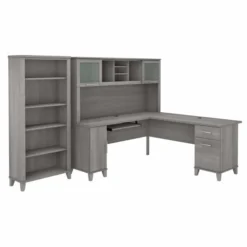 Bush Furniture Somerset 72W L Shaped Desk With Hutch And 5 Shelf Bookcase In Platinum Gray