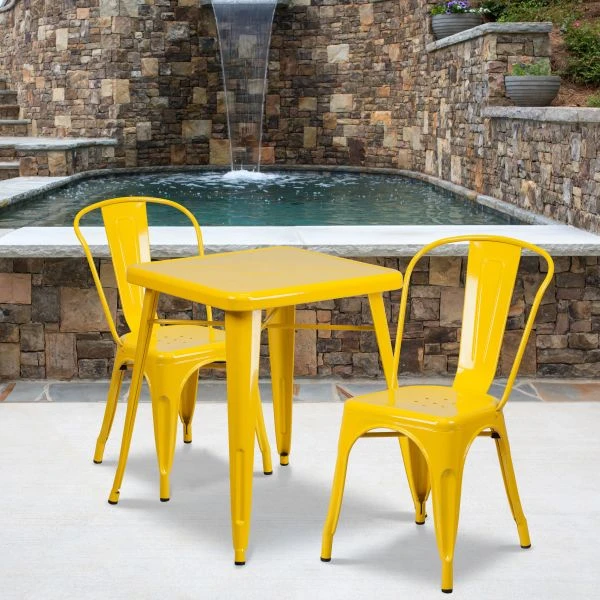 Owen Commercial Grade 23.75" Square Yellow Metal Indoor-Outdoor Table Set With 2 Stack Chairs 1 Owen Commercial Grade 23.75" Square Yellow Metal Indoor-Outdoor Table Set With 2 Stack Chairs