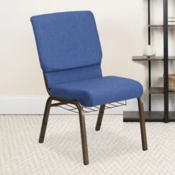 Flash Furniture HERCULES Series 18.5''W Blue Fabric Church Chair With 4.25'' Thick Seat, Cup Book Rack - Gold Vein Frame