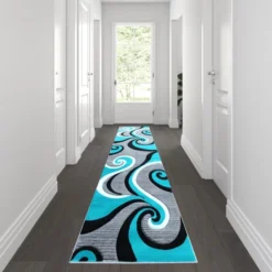 Athos Collection 3' X 10' Turquoise Abstract Area Rug - Olefin Rug With Jute Backing - Hallway, Entryway, Or Bedroom