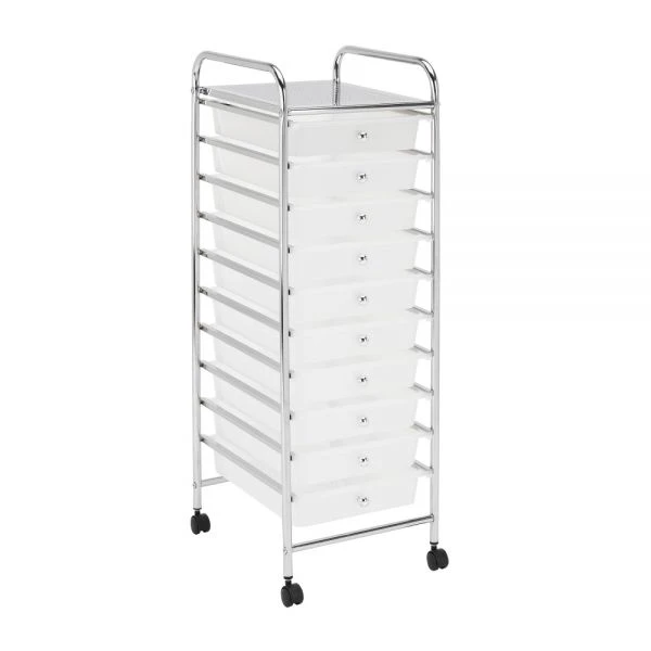 10-Drawer Mobile Cart, 35-13/16”H X 12-5/8”W X 14-3/8”D, White/Chrome 1 10-Drawer Mobile Cart, 35-13/16”H X 12-5/8”W X 14-3/8”D, White/Chrome