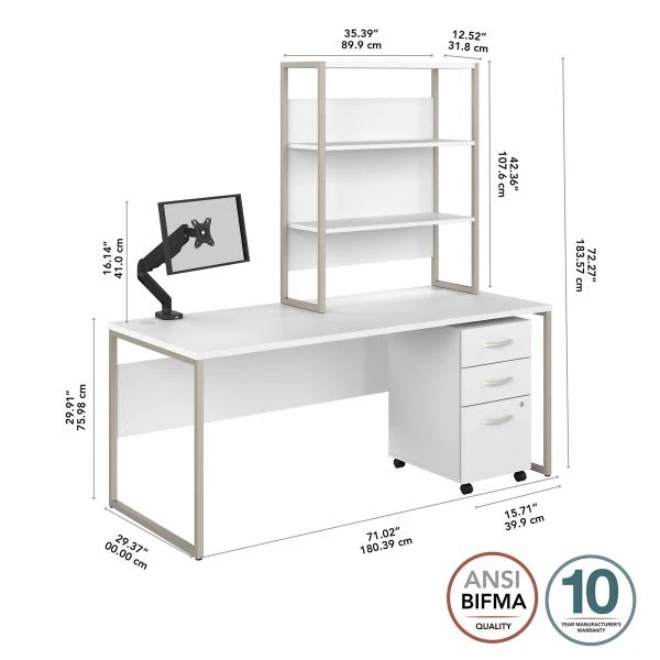 Bush Business Furniture Hybrid 72W X 30D Computer Desk With Hutch, Mobile File Cabinet And Monitor Arm In White 7 Bush Business Furniture Hybrid 72W X 30D Computer Desk With Hutch, Mobile File Cabinet And Monitor Arm In White - Image 7