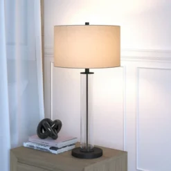 Harlow 29" Tall Table Lamp With Fabric Shade In Clear Glass/Blackened Bronze/White -office furniture sale 8c3a598ac48f3b48053b36f61077b14a9b