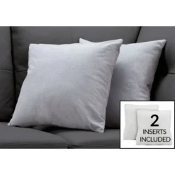 Monarch Specialties Pillows, Set Of 2, 18 X 18 Square, Insert Included, Decorative Throw, Accent, Sofa, Couch, Bedroom, Grey Hypoallergenic Polyester, Modern