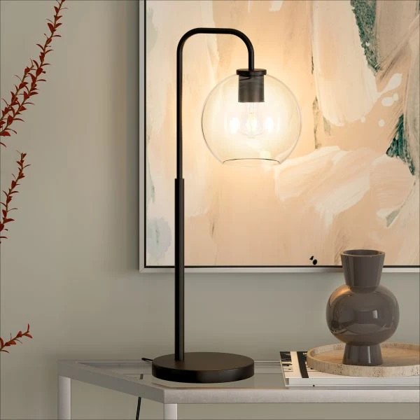 Harrison 27" Tall Arc Table Lamp With Glass Shade In Blackened Bronze/Clear 6 Harrison 27" Tall Arc Table Lamp With Glass Shade In Blackened Bronze/Clear - Image 6