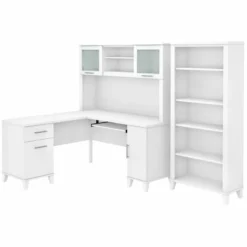 Bush Furniture Somerset 60W L Shaped Desk With Hutch And 5 Shelf Bookcase In White