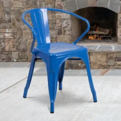 Luna Commercial Grade Blue Metal Indoor-Outdoor Chair With Arms