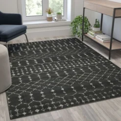 Beth Geometric Bohemian Low Pile Rug - 5' X 7' - Dark Gray/Ivory Polyester