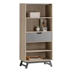 Nashira 61"H 4-Shelf Bookcase With Drawer, Light Oak/Gray