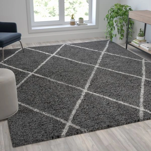 Roxy Shag Style Diamond Trellis Area Rug - 8' X 10' - Charcoal/Ivory Polyester (PET) 1 Roxy Shag Style Diamond Trellis Area Rug - 8' X 10' - Charcoal/Ivory Polyester (PET)