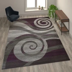 Cirrus Collection 6' X 9' Purple Swirl Patterned Olefin Area Rug With Jute Backing For Entryway, Living Room, Bedroom