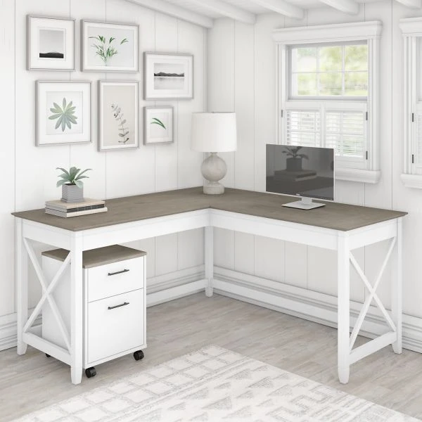 Bush Furniture Key West 60W L Shaped Desk With 2 Drawer Mobile File Cabinet In Pure White And Shiplap Gray 2 Bush Furniture Key West 60W L Shaped Desk With 2 Drawer Mobile File Cabinet In Pure White And Shiplap Gray - Image 2