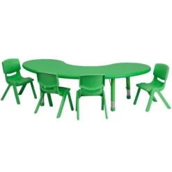 Flash Furniture 35''W X 65''L Adjustable Half-Moon Green Plastic Activity Table Set With 4 School Stack Chairs