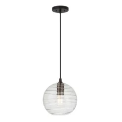 Wayve 8" Wide Textured Pendant With Glass Shade In Blackened Bronze/Clear