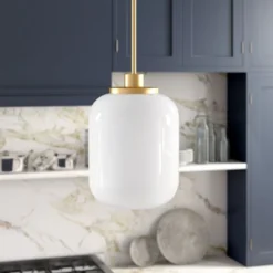 Agnolo 9.62" Wide Pendant With Glass Shade In Brass/White Milk -office furniture sale 963421ea55db6828cd79be70b0ceb455b7