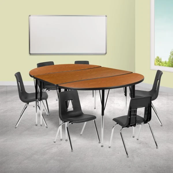 Emmy 76" Oval Wave Flexible Laminate Activity Table Set With 16" Student Stack Chairs, Oak/Black 1 Emmy 76" Oval Wave Flexible Laminate Activity Table Set With 16" Student Stack Chairs, Oak/Black