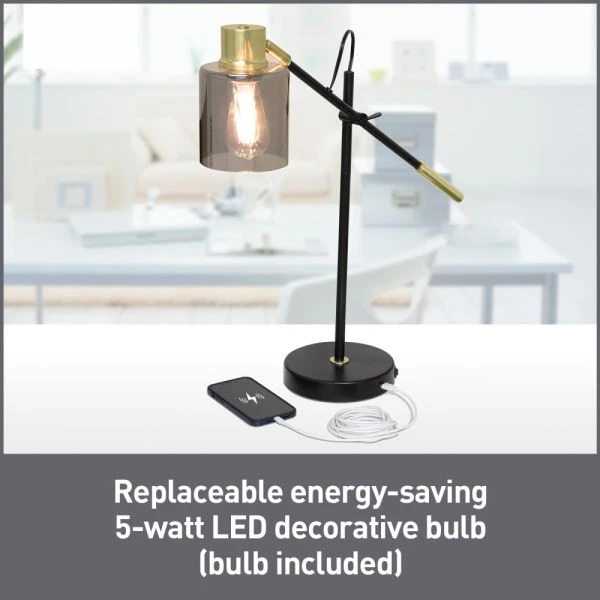 Veretti 23"H Modern Tilt-Arm Lamp, Adjustable, Smokey Gray Shade/Black Base 2 Veretti 23"H Modern Tilt-Arm Lamp, Adjustable, Smokey Gray Shade/Black Base - Image 2