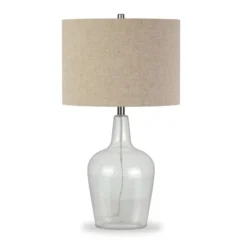 Helix 26.75" Tall Watermarked Table Lamp With Fabric Shade In Watermarked Glass/Flax