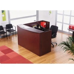 Alera Valencia Series Reception Desk With Transaction Counter, 71" X 35.5" X 29.5" To 42.5", Mahogany -office furniture sale 9972aa4658e6332b1685a1d0b489efd165