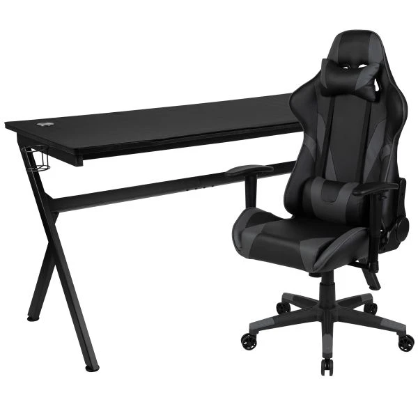 Optis Gaming Desk And Gray/Black Reclining Gaming Chair Set /Cup Holder/Headphone Hook/Removable Mouse Pad Top - Wire Management 2 Optis Gaming Desk And Gray/Black Reclining Gaming Chair Set /Cup Holder/Headphone Hook/Removable Mouse Pad Top - Wire Management - Image 2