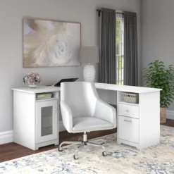 Bush Furniture Cabot 60W L Shaped Computer Desk With Mid Back Leather Box Chair In White -office furniture sale 9aaa3ee1d8757626a62f2fbec6139b2b8a