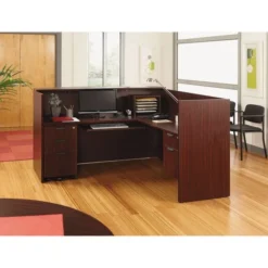 Alera Valencia Series Reception Desk With Transaction Counter, 71" X 35.5" X 29.5" To 42.5", Mahogany -office furniture sale 9add71b1cb4a501b91bcf124aa6864b399