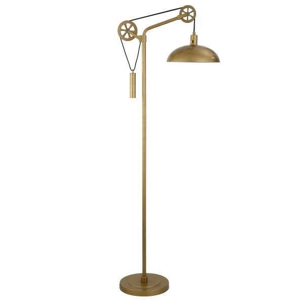 Neo Spoke Wheel Pulley System Floor Lamp With Metal Shade In Brass/Brass 1 Neo Spoke Wheel Pulley System Floor Lamp With Metal Shade In Brass/Brass