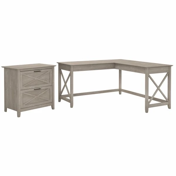 Bush Furniture Key West 60W L Shaped Desk With 2 Drawer Lateral File Cabinet In Washed Gray 1 Bush Furniture Key West 60W L Shaped Desk With 2 Drawer Lateral File Cabinet In Washed Gray
