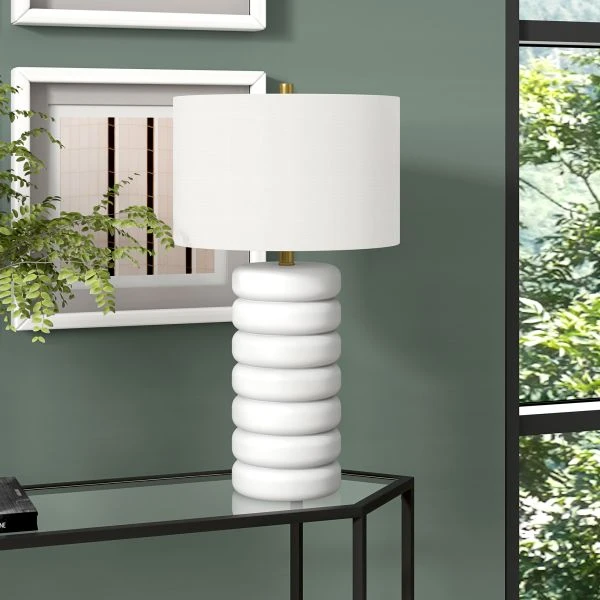 Zelda 25" Tall Ceramic Bubble Body Table Lamp With Fabric Shade In Matte White/Brass/White 2 Zelda 25" Tall Ceramic Bubble Body Table Lamp With Fabric Shade In Matte White/Brass/White - Image 2