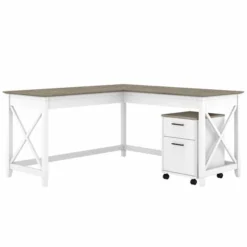 Bush Furniture Key West 60W L Shaped Desk With 2 Drawer Mobile File Cabinet In Pure White And Shiplap Gray