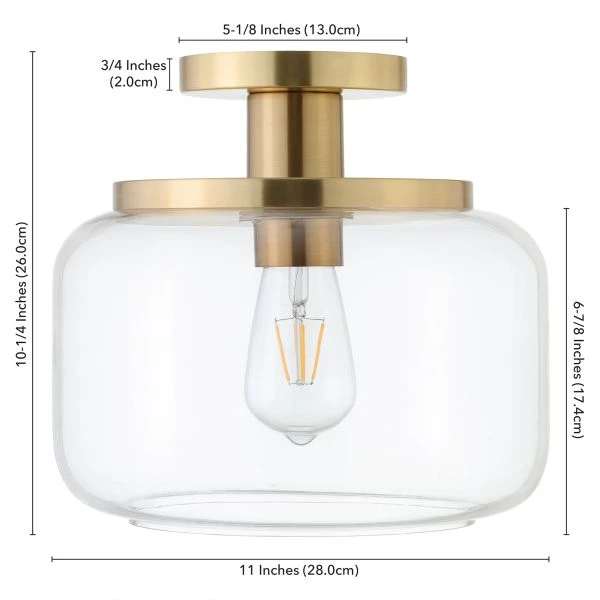 Tatum 11" Wide Semi Flush Mount With Glass Shade In Brushed Brass/Clear 3 Tatum 11" Wide Semi Flush Mount With Glass Shade In Brushed Brass/Clear - Image 3