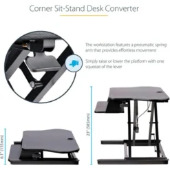 StarTech.com Corner Sit Stand Desk Converter With Keyboard Tray, Large Surface 35"x21" , Height Adjustable Ergonomic Tabletop Standing Desk -office furniture sale a069ea19b9514ea60f04075f62f500a11a