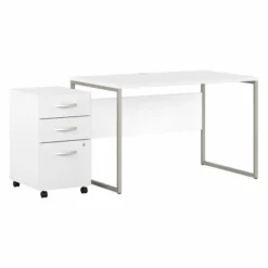 Bush Business Furniture Hybrid 48W X 30D Computer Table Desk With 3 Drawer Mobile File Cabinet In White