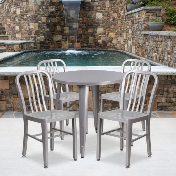 Chad Commercial Grade 30" Round Silver Metal Indoor-Outdoor Table Set With 4 Vertical Slat Back Chairs 1 Chad Commercial Grade 30" Round Silver Metal Indoor-Outdoor Table Set With 4 Vertical Slat Back Chairs