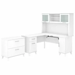 Bush Furniture Somerset 60W L Shaped Desk With Hutch And Lateral File Cabinet In White