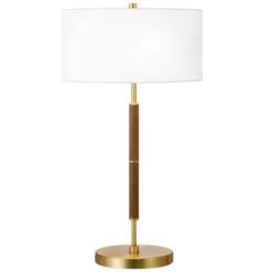Simone 25" Tall 2-Light Table Lamp With Fabric Shade In Rustic Oak/Brass/White