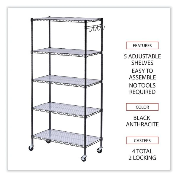 Alera 5-Shelf Wire Shelving Kit With Casters And Shelf Liners, 36w X 18d X 72h, Black Anthracite 8 Alera 5-Shelf Wire Shelving Kit With Casters And Shelf Liners, 36w X 18d X 72h, Black Anthracite - Image 8