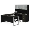 Bestar Pro-Concept Plus U-Desk With Frosted Glass Door Hutch In Deep Grey & Black