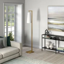 Moser 71" Tall Floor Lamp With Fabric Shade In Brass/White -office furniture sale a299d6a17318051d3982ca941e97d56829