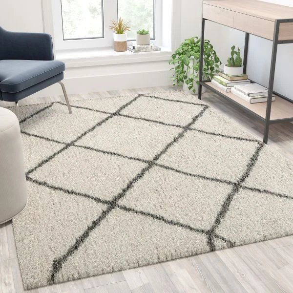 Roxy Shag Style Diamond Trellis Area Rug - 5' X 7' - Ivory/Gray Polyester (PET) 1 Roxy Shag Style Diamond Trellis Area Rug - 5' X 7' - Ivory/Gray Polyester (PET)